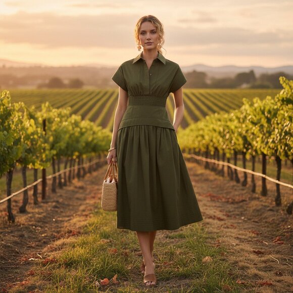 Tuckernuck Dresses & Skirts - Tuckernuck Cameran Army Green Collared A-Line Midi Shirt Dress Size M NWT